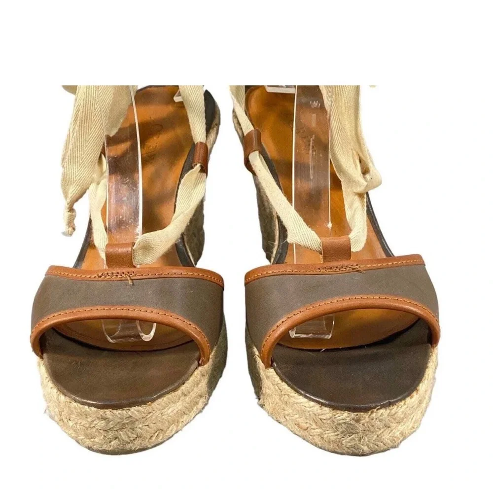 J Crew Tan and Beige Espadrille Wedge Sandals with Ankle Tie
